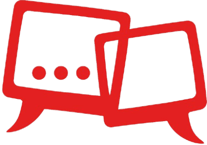 Logo del sitio web. Pantallas de TV en forma de burbujas de diálogo. Color rojo. 