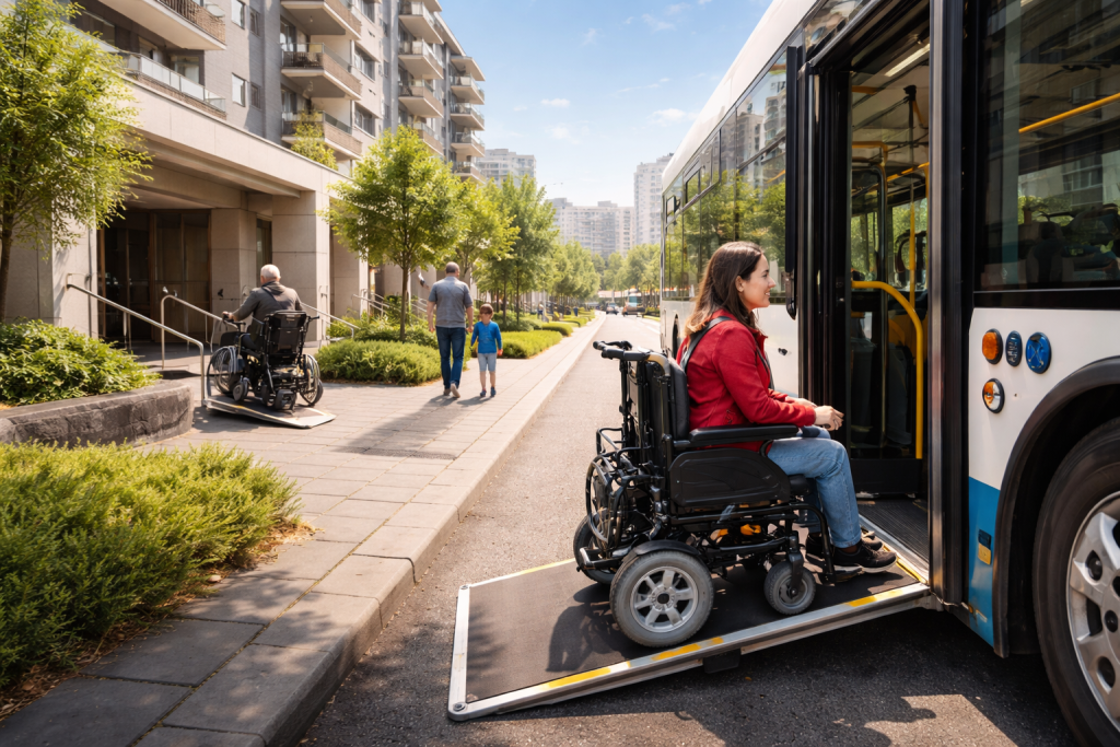 Mujer en silla de ruedas sube al bus por medio de rampa de acceso